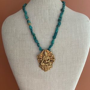 NATURAL TURQUOISE WITH VINTAGE ALVA MUSEUM REPLICA OF TIBETAN DIETY  NECKLACE.